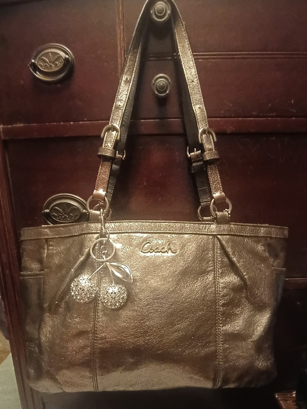 Coach Metallic Bronze Leather Tote with Charm